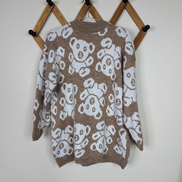 Vintage Sweaters - Vintage 80s Needle and Yarn Teddy Bear Oversized Knit Mock Neck Sweater